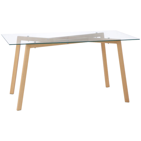 Mesa de Jantar para 6 Pessoas Mesa de Cozinha Moderna com Bancada de Vidro Temperado e Pés de Aço com Efeito de Madeira para Sala de Jantar 150x75x76 cm Transparente e Madeira
