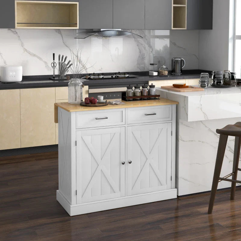 Ilha de Cozinha Carrinho de Cozinha com Bancada de Madeira Dobrável 2 Portas 2 Gavetas Prateleira Ajustável e 4 Rodas 10x60x90,5 cm Branco e Madeira