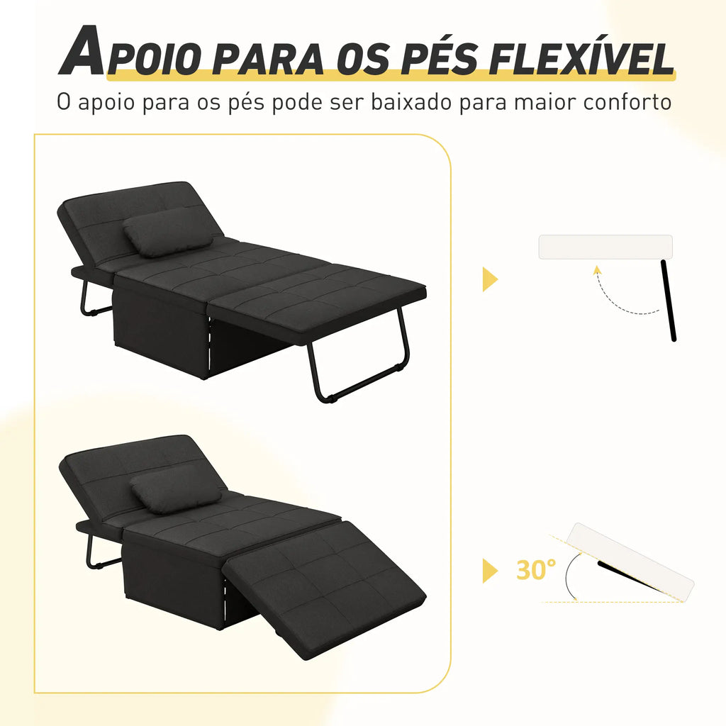Sofá Cama Individual 3 em 1 Estofado em Linho Sofá Reclinável em 5 Posições com Apoio para os Pés e Apoio para a Cabeça para Sala de Estar Carga Máxima 200kg 95x189x43 cm Preto