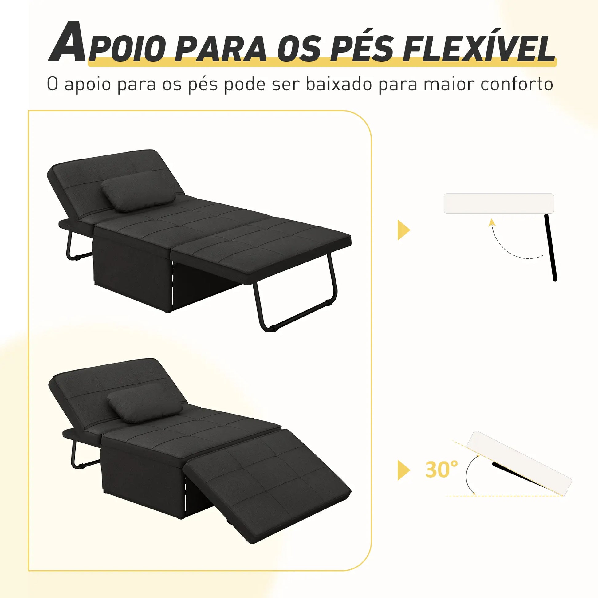 Sofá Cama Individual 3 em 1 Estofado em Linho Sofá Reclinável em 5 Posições com Apoio para os Pés e Apoio para a Cabeça para Sala de Estar Carga Máxima 200kg 95x189x43 cm Preto