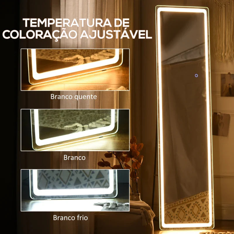 Espelho de Pé de Corpo Inteiro Espelho de Pé com Luzes LED Controlo Remoto 3 Cores de Luzes Ajustável Brilho Ajustável e Estrutura de Alumínio 40x51x156,5cm Prata e Preto