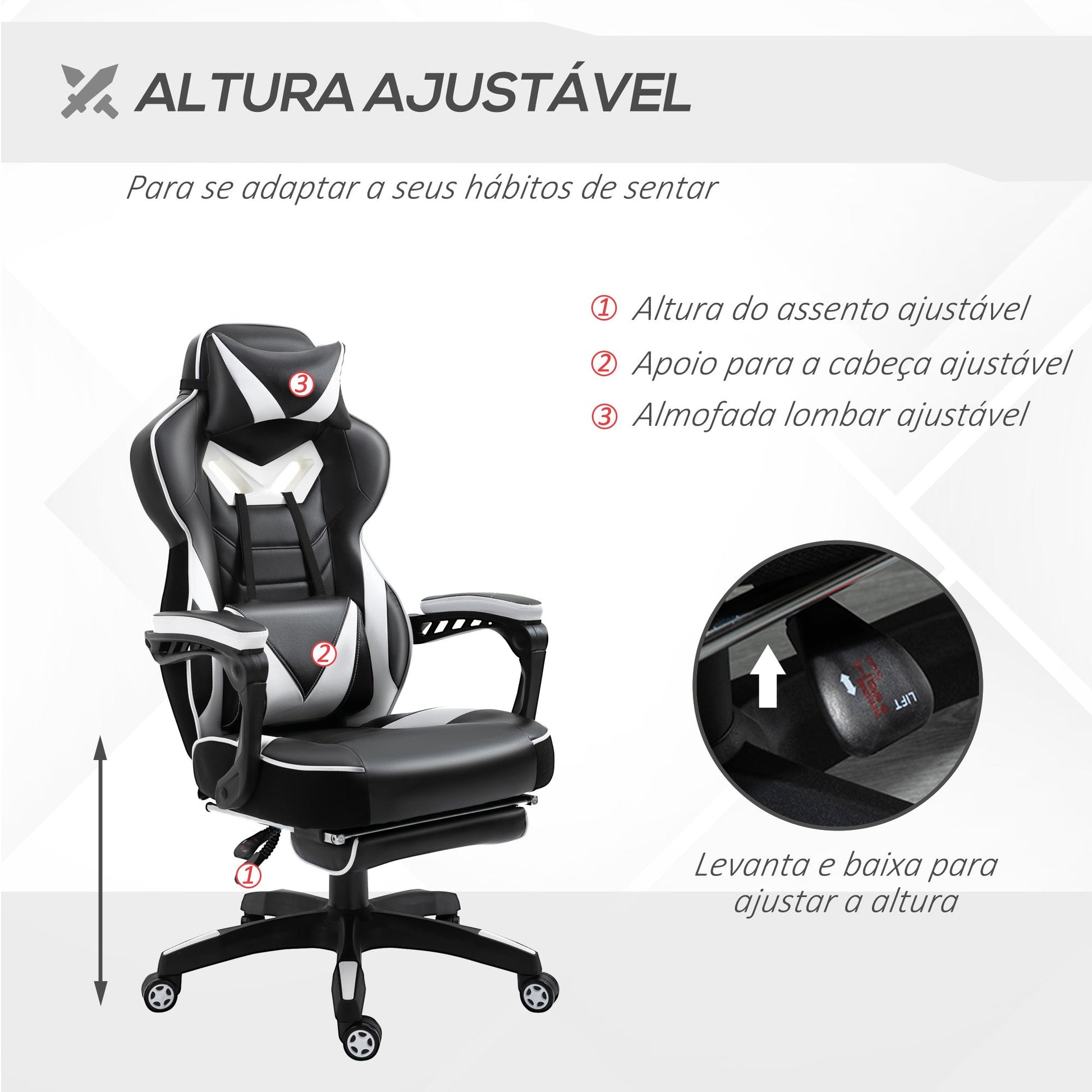 Cadeira de escritorio gaming ergonômica Altura ajustável Reclinável Encosto com apoio para pés Encosto de cabeça Almofada lombar Rodas 65x70x118,5-126,5 cm Branco e Preto
