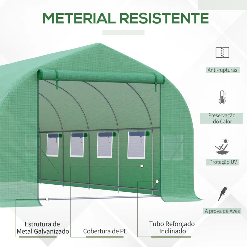Estufa Tipo Túnel 595x300x200cm Estufa de Jardim Grande com 12 Janelas e Porta Enrolável com Zíper para Cultivo de Plantas Verde