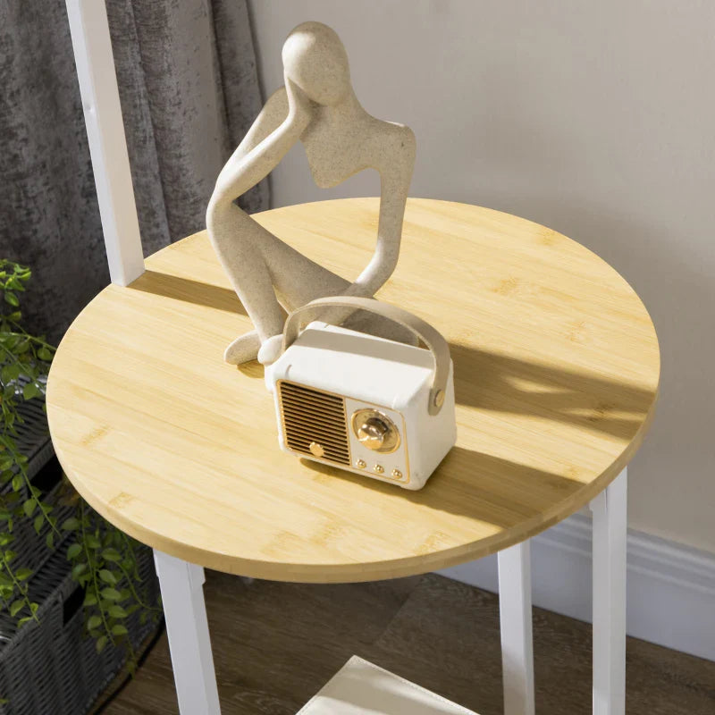 Candeeiro de Pé Moderno com Prateleira Candeeiro com Prateleira Suporte para Lâmpada E27 Máx. 40W com Ecrã de Linho Interruptor de Pé para Sala de Estar Dormitório Ø37x162cm Branco e Madeira