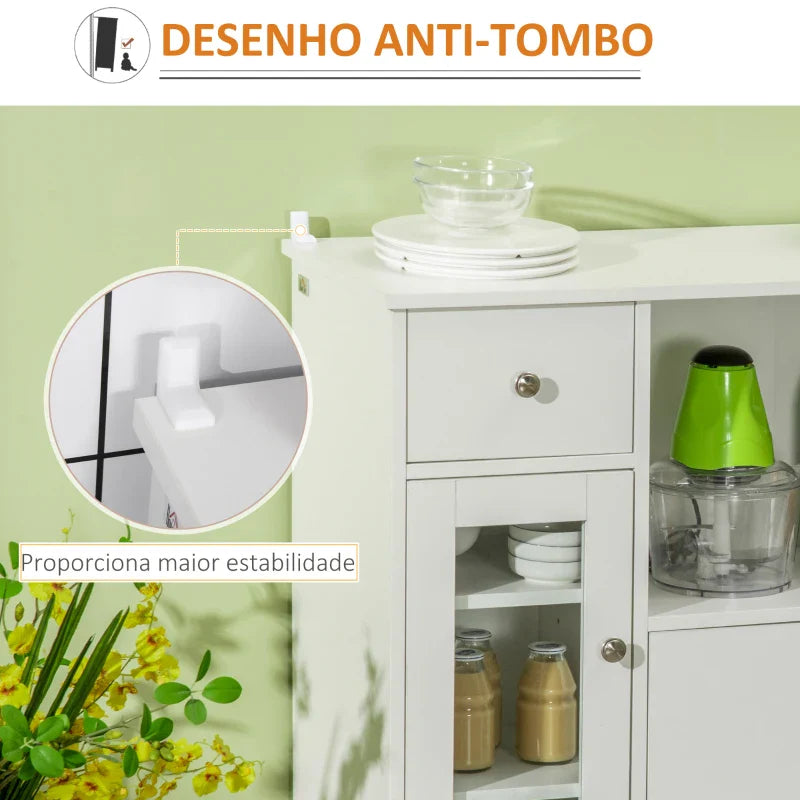 Aparador de Cozinha Moderno com Porta de Vidro Gaveta Prateleira Aberta e Prateleiras Ajustáveis Móvel Auxiliar de Armazenamento para Sala de Jantar Sala de Estar 80x30x82cm Branco