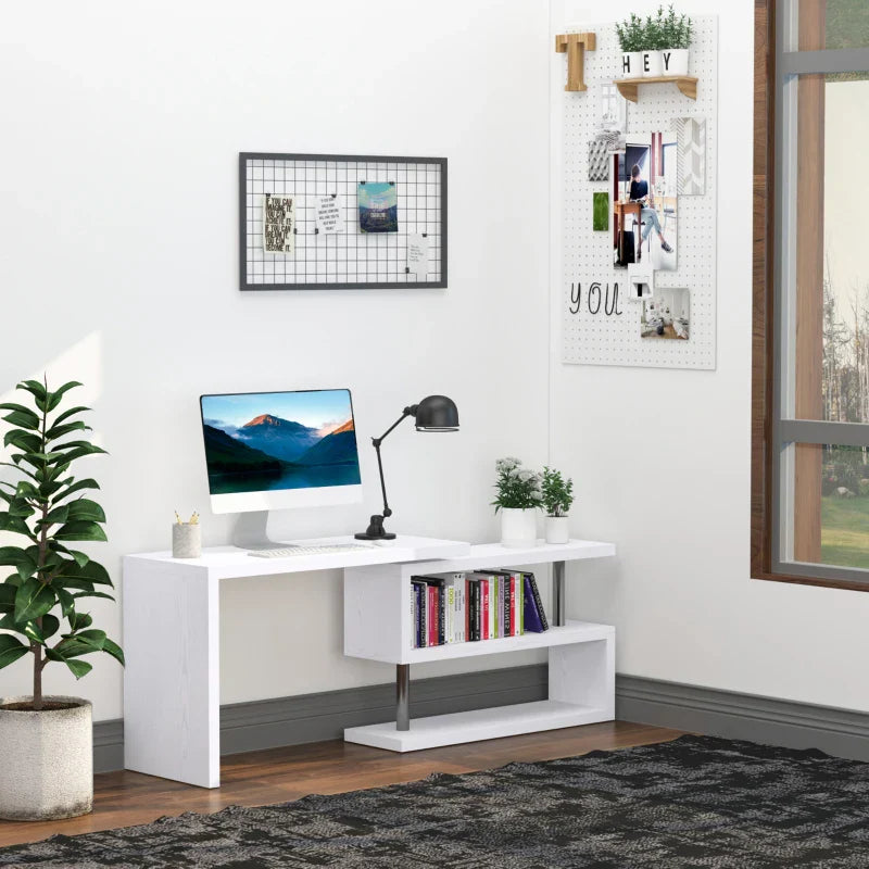 Secretária de Canto Giratória 360º Secretária em Forma de L com Prateleiras para Escritório Casa 114x120x76,1cm Branco