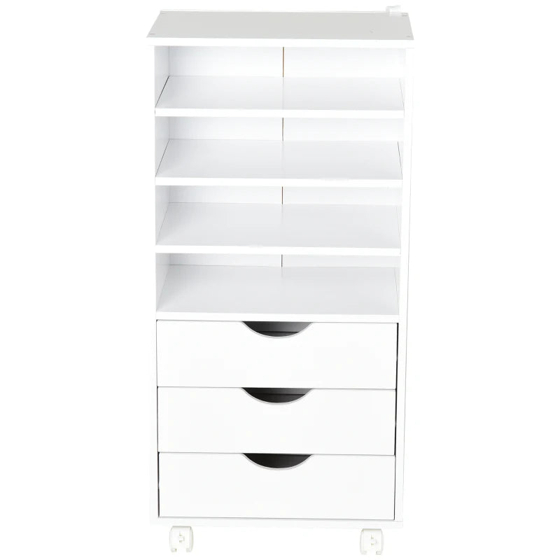 Móveis auxiliares para escritório Estudo Grande espaço de armazenamento com 3 gavetas 4 prateleiras abertas 4 rodas 40x30x83 cm Branco
