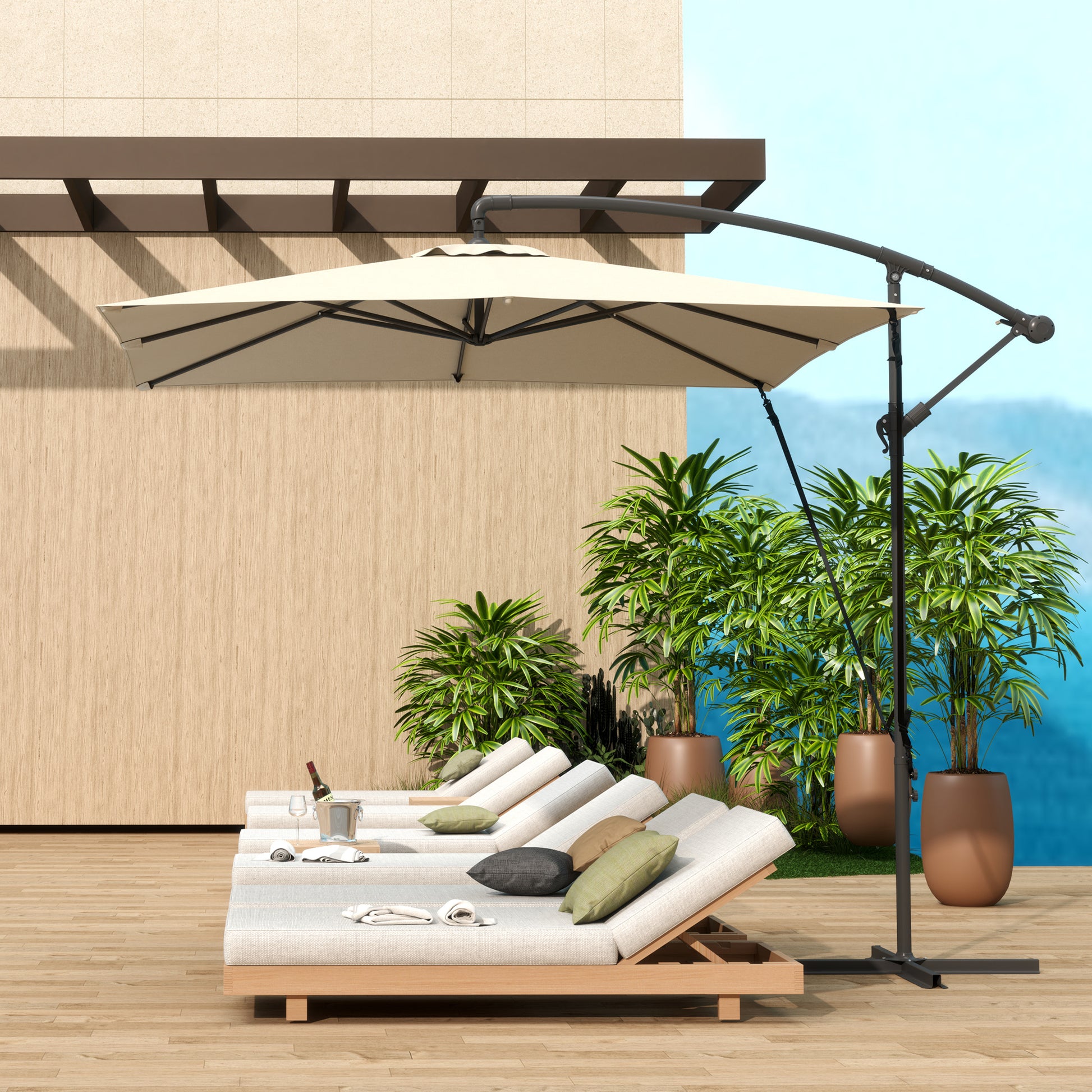 Chapéu de Sol Excêntrico 247x247 cm Chapéu de Sol de Jardim com Base Cruzada Capa Ajustável Manivela Capa Protetora e Corda de Vento Anti-UV 50+ Chapéu de Sol para Varanda Caqui