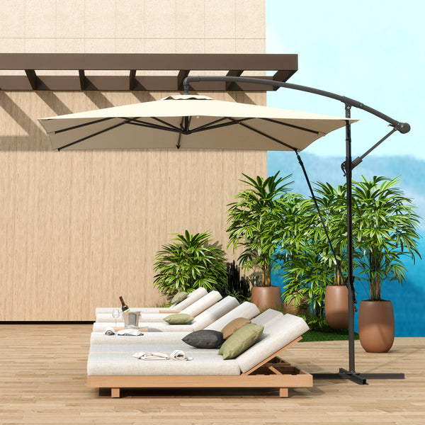 Chapéu de Sol Excêntrico 247x247 cm Chapéu de Sol de Jardim com Base Cruzada Capa Ajustável Manivela Capa Protetora e Corda de Vento Anti-UV 50+ Chapéu de Sol para Varanda Caqui