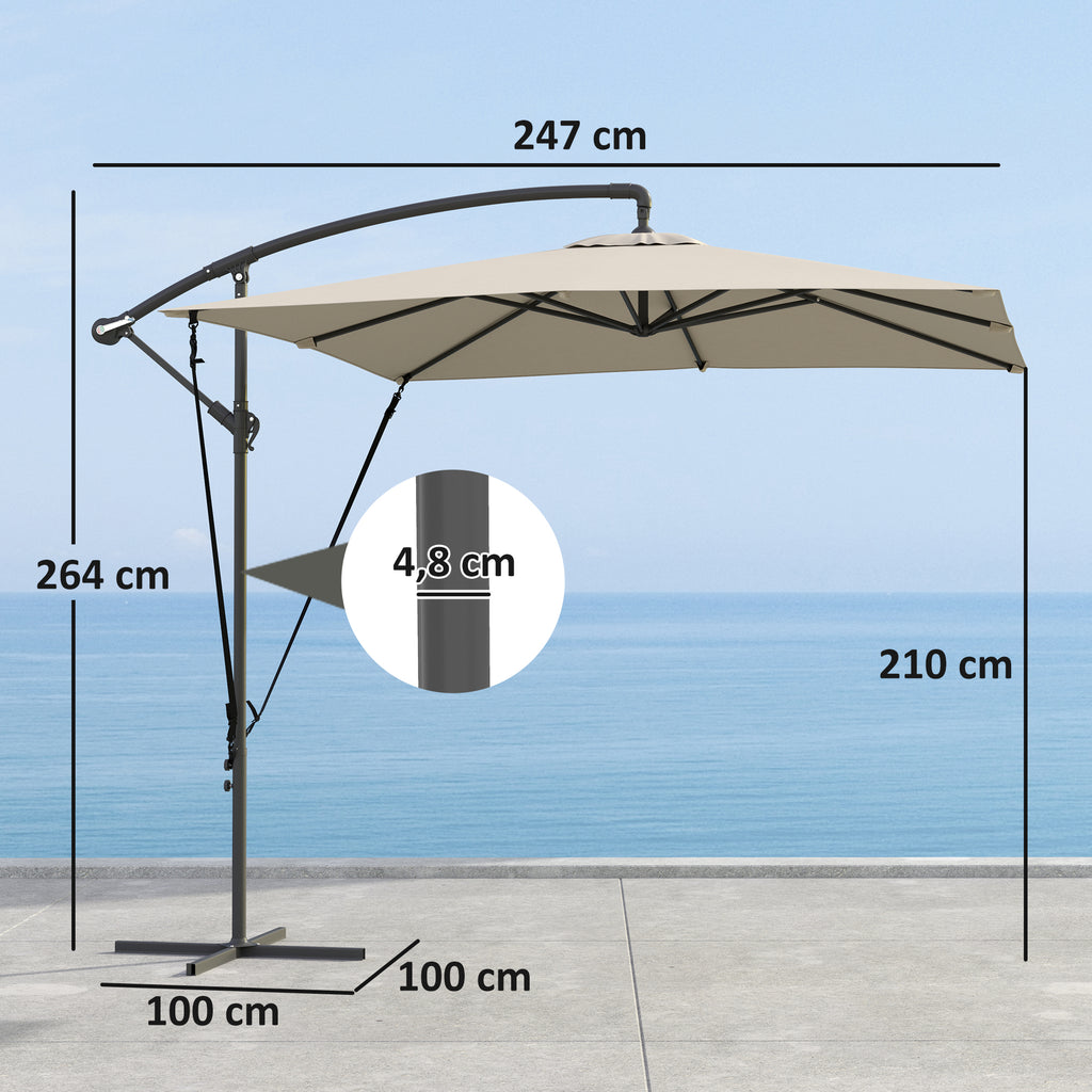 Chapéu de Sol Excêntrico 247x247 cm Chapéu de Sol de Jardim com Base Cruzada Capa Ajustável Manivela Capa Protetora e Corda de Vento Anti-UV 50+ Chapéu de Sol para Varanda Caqui