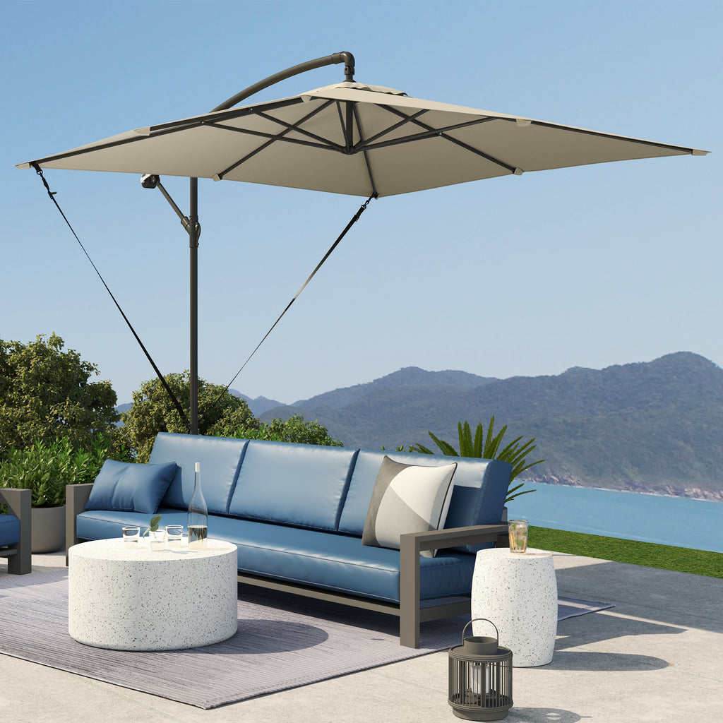 Chapéu de Sol Excêntrico 247x247 cm Chapéu de Sol de Jardim com Base Cruzada Capa Ajustável Manivela Capa Protetora e Corda de Vento Anti-UV 50+ Chapéu de Sol para Varanda Caqui