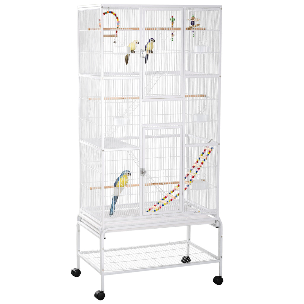 PawHut Gaiola para Pássaros com Rodas 83x53x180 cm Gaiola Metálica de 3 Níveis com 3 Poleiros Comedouros Brinquedos Rampas e Prateleira de Armazenamento para Canários Periquitos Branco