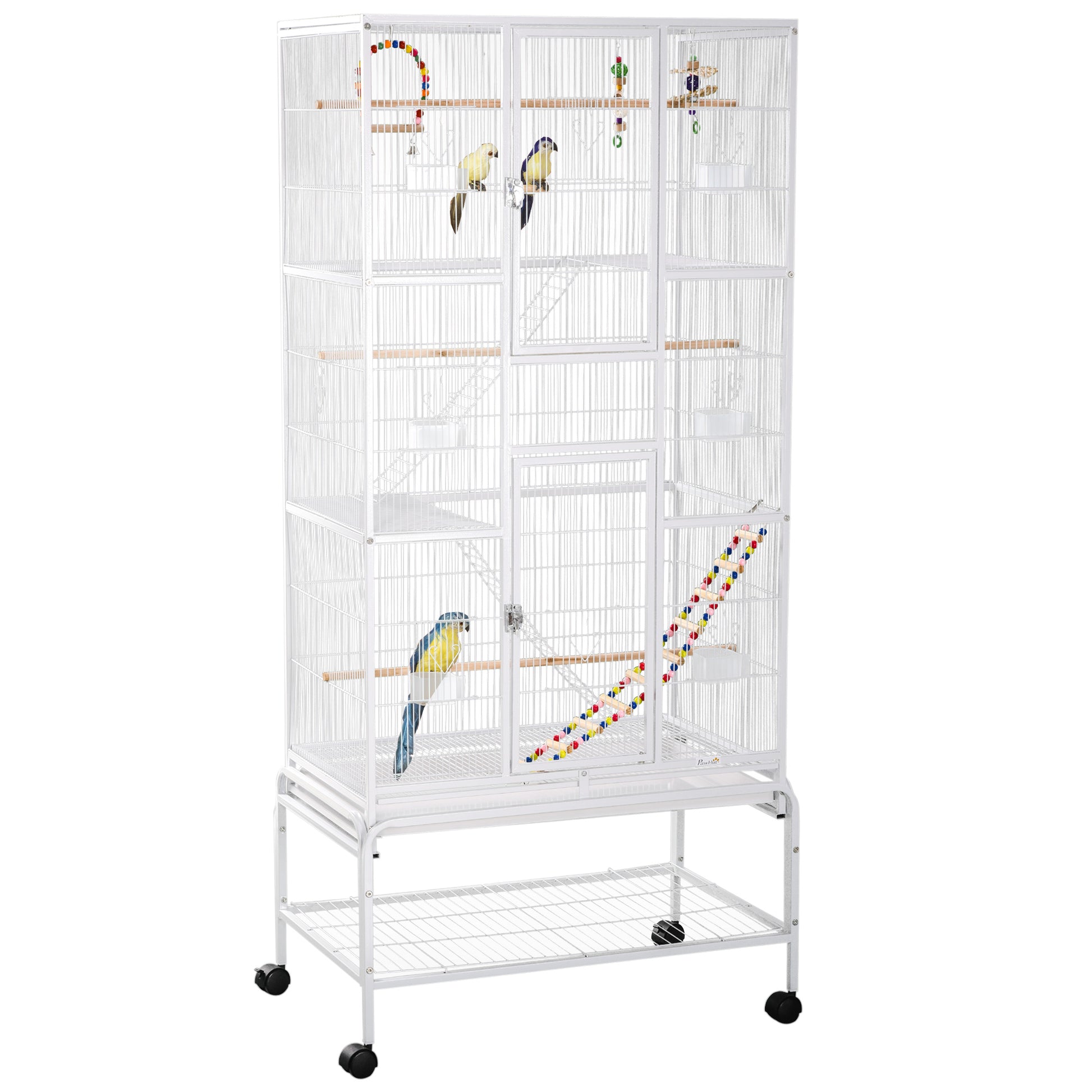 PawHut Gaiola para Pássaros com Rodas 83x53x180 cm Gaiola Metálica de 3 Níveis com 3 Poleiros Comedouros Brinquedos Rampas e Prateleira de Armazenamento para Canários Periquitos Branco