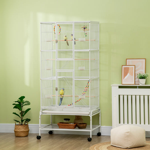 PawHut Gaiola para Pássaros com Rodas 83x53x180 cm Gaiola Metálica de 3 Níveis com 3 Poleiros Comedouros Brinquedos Rampas e Prateleira de Armazenamento para Canários Periquitos Branco