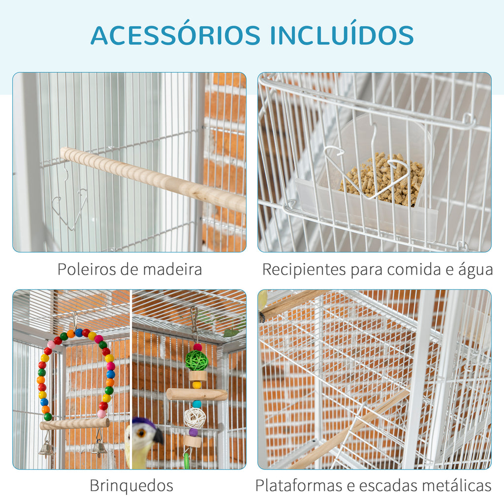 PawHut Gaiola para Pássaros com Rodas 83x53x180 cm Gaiola Metálica de 3 Níveis com 3 Poleiros Comedouros Brinquedos Rampas e Prateleira de Armazenamento para Canários Periquitos Branco