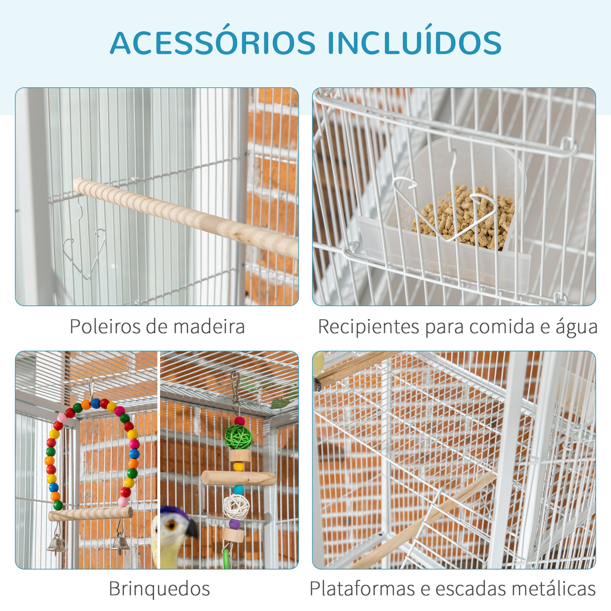 PawHut Gaiola para Pássaros com Rodas 83x53x180 cm Gaiola Metálica de 3 Níveis com 3 Poleiros Comedouros Brinquedos Rampas e Prateleira de Armazenamento para Canários Periquitos Branco