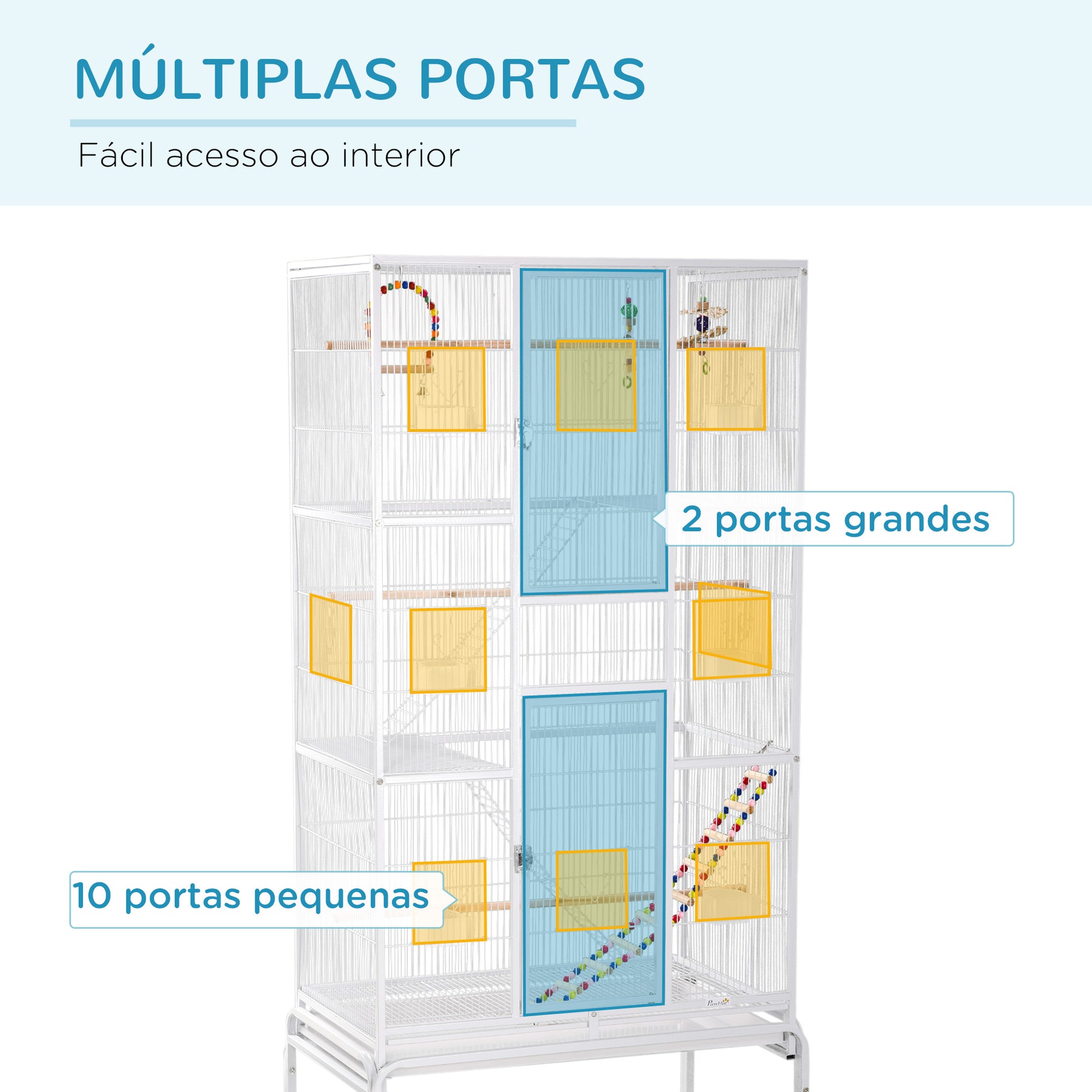 PawHut Gaiola para Pássaros com Rodas 83x53x180 cm Gaiola Metálica de 3 Níveis com 3 Poleiros Comedouros Brinquedos Rampas e Prateleira de Armazenamento para Canários Periquitos Branco