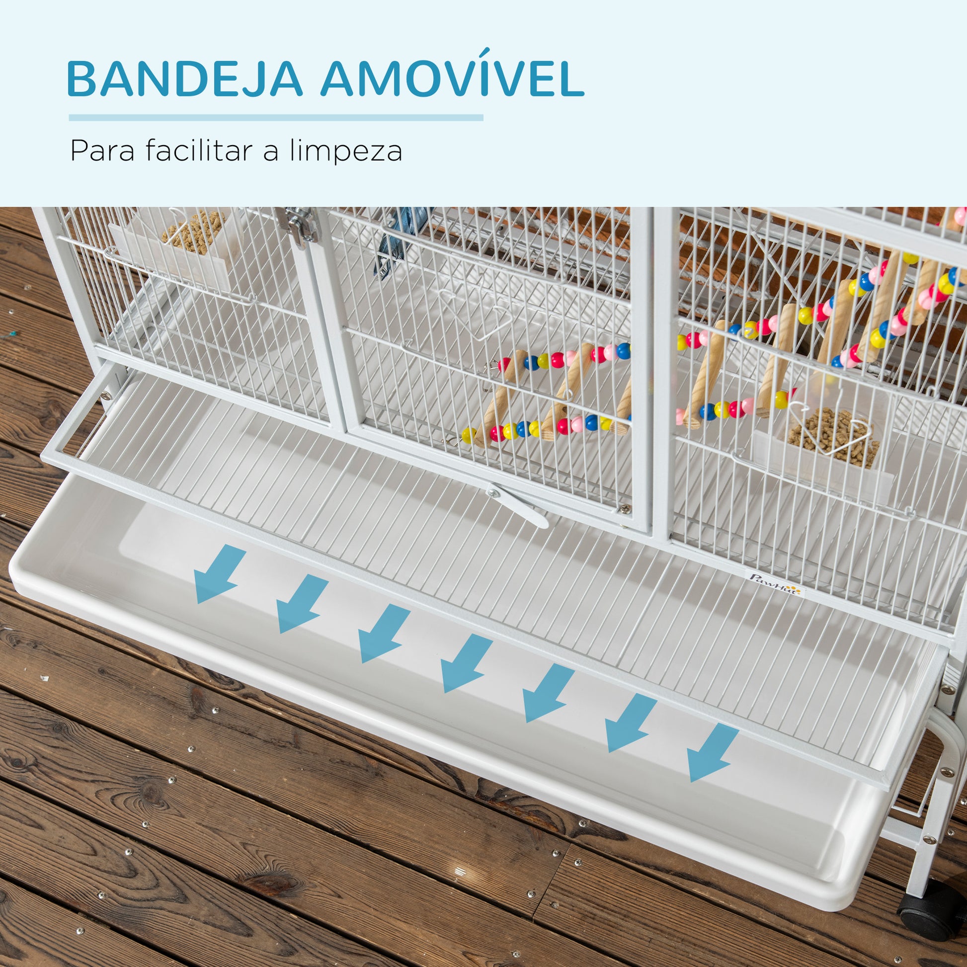 PawHut Gaiola para Pássaros com Rodas 83x53x180 cm Gaiola Metálica de 3 Níveis com 3 Poleiros Comedouros Brinquedos Rampas e Prateleira de Armazenamento para Canários Periquitos Branco