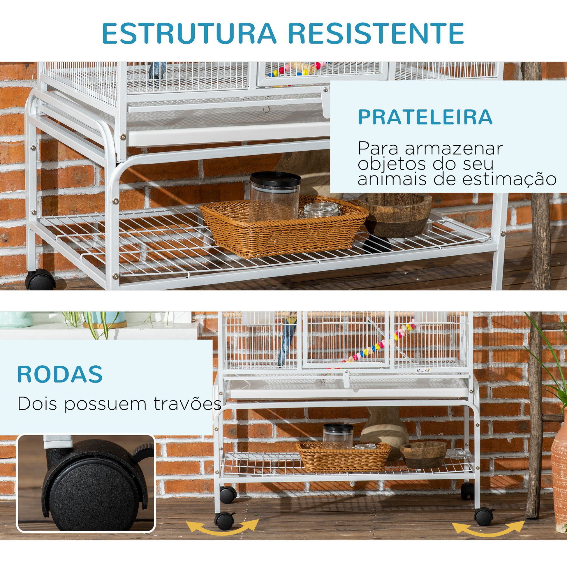 PawHut Gaiola para Pássaros com Rodas 83x53x180 cm Gaiola Metálica de 3 Níveis com 3 Poleiros Comedouros Brinquedos Rampas e Prateleira de Armazenamento para Canários Periquitos Branco