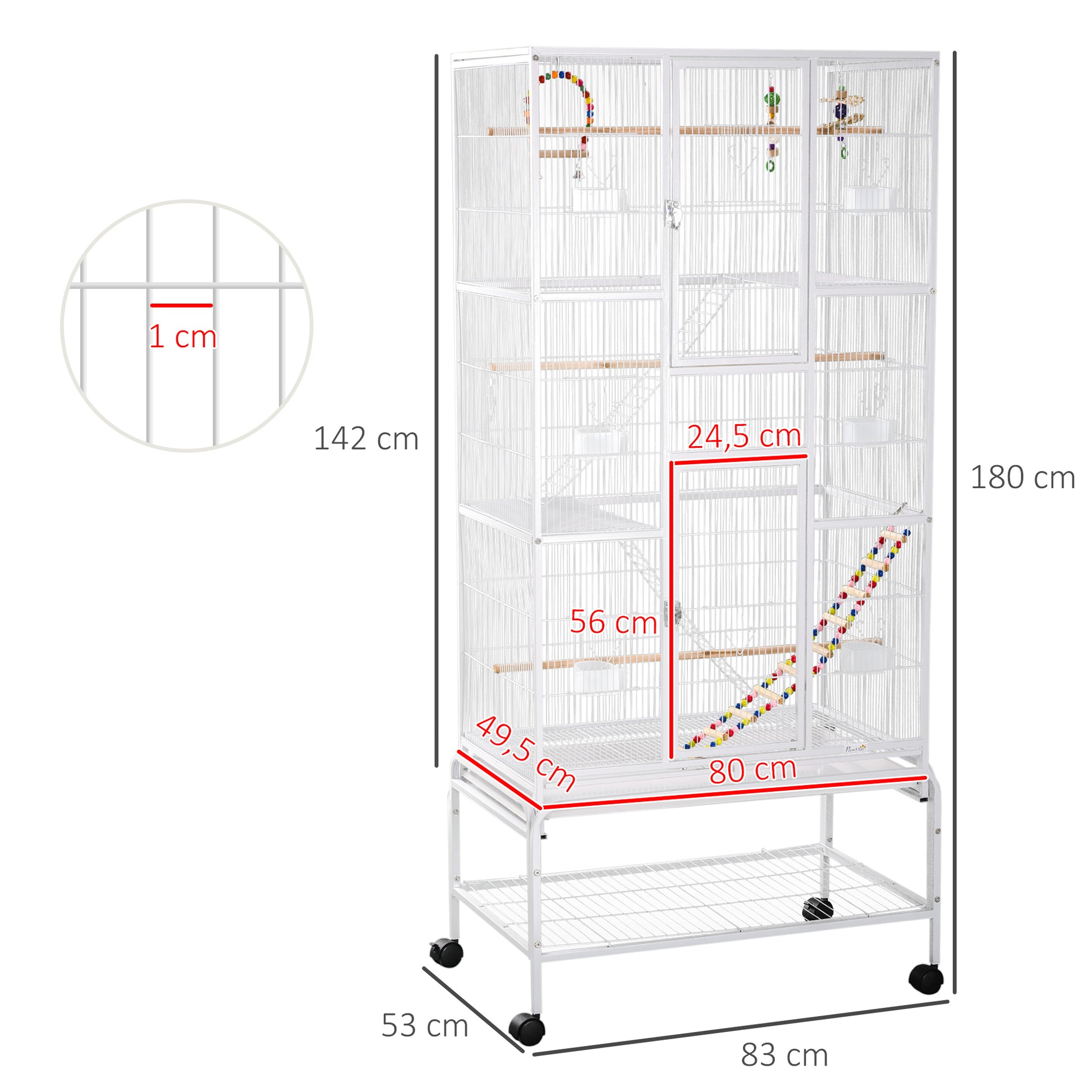PawHut Gaiola para Pássaros com Rodas 83x53x180 cm Gaiola Metálica de 3 Níveis com 3 Poleiros Comedouros Brinquedos Rampas e Prateleira de Armazenamento para Canários Periquitos Branco