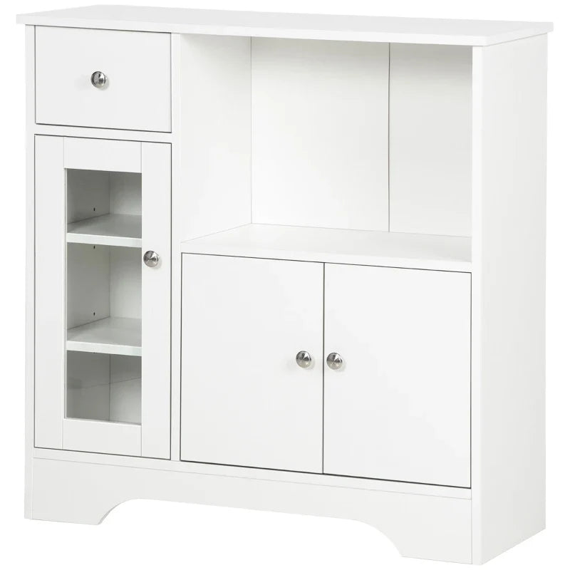 Aparador de Cozinha Moderno com Porta de Vidro Gaveta Prateleira Aberta e Prateleiras Ajustáveis Móvel Auxiliar de Armazenamento para Sala de Jantar Sala de Estar 80x30x82cm Branco
