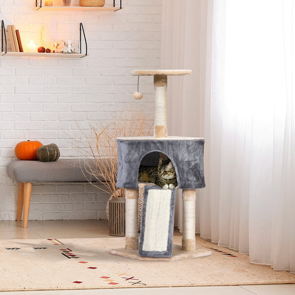 PawHut Arranhador para Gatos 40x40x98 cm com Caverna Brinquedo Suspenso Rampa e Postes de Arranhar em Corda de Sisal Cinza e Bege