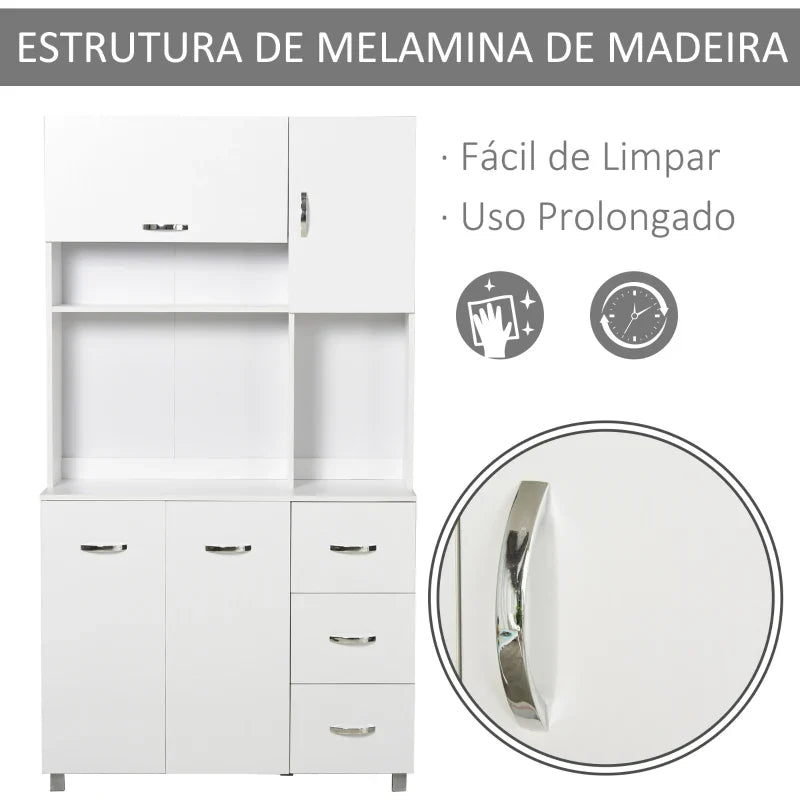 Armário de Cozinha Armário Alto com 3 Gavetas 4 Portas Prateleiras Interiores Ajustáveis e Pés Elevados Móvel Auxiliar para Sala de Jantar Sala de Estar 100x39,5x183,5cm Branco