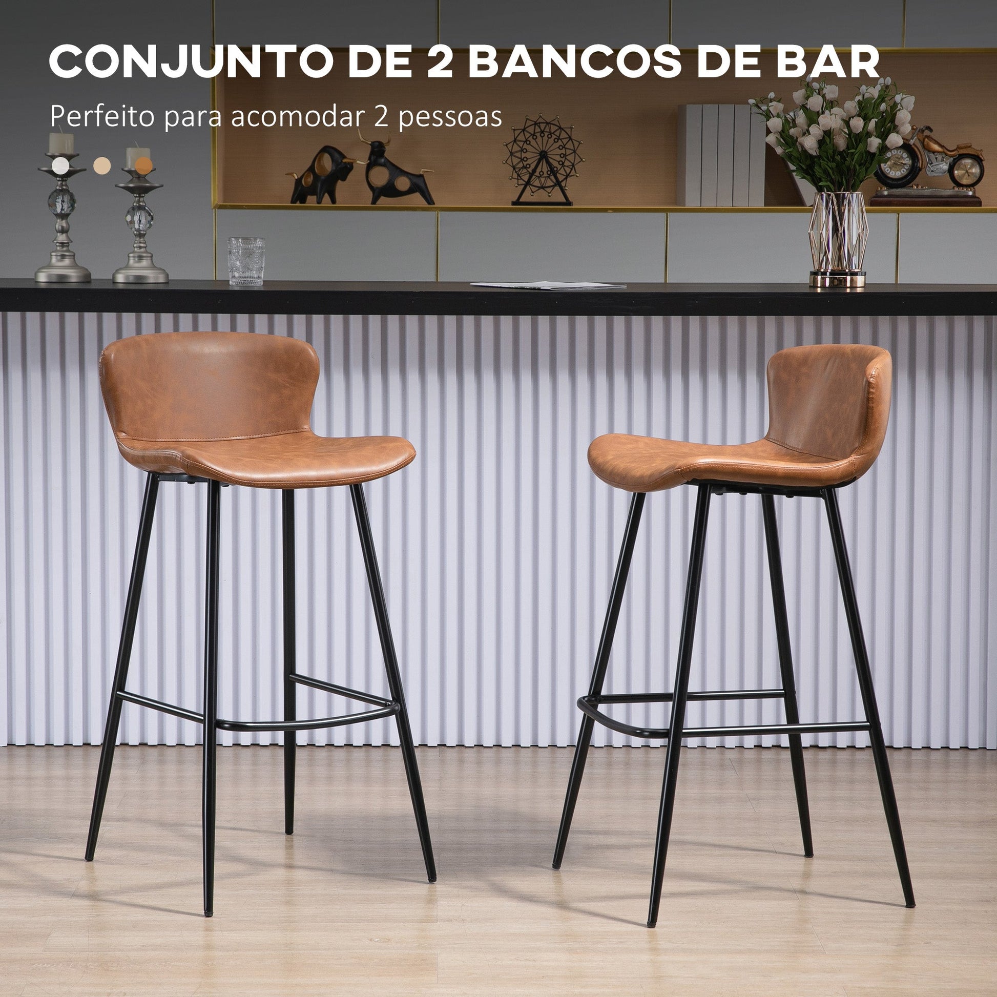 Conjunto de 2 Bancos Altos de Cozinha Bancos Altos de Cozinha com Encosto Estofado em PU Carga 120 kg para Bar Sala de Jantar 45x49x94,6 cm Marrom