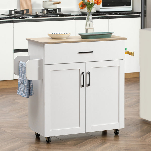 Carrinho de Cozinha com 1 Gaveta 2 Portas Suporte para Panos e Especies Carrinho Auxiliar com Rodas para Sala de Jantar Carga Máxima 105x36x85cm Branco