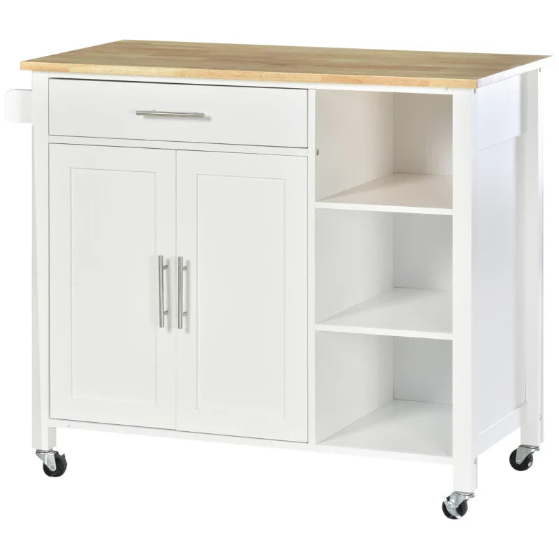 Carrinho de Cozinha com Rodas Móvel Auxiliar de Cozinha com 1 Gaveta 2 Portas 3 Prateleiras Abertas e Barra Lateral para Sala de Jantar 107,5x48x89cm Branco