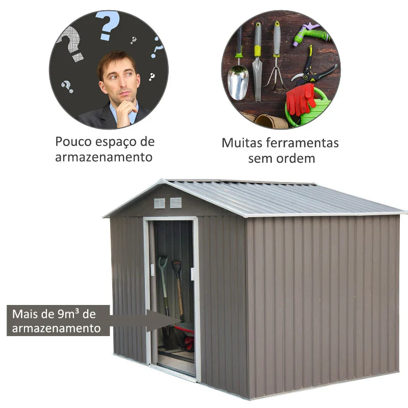 Abrigo de Jardim Exterior 4,83m² 277x195x192cm Abrigo e Jardim Metálico para Armazenamento de Ferramentas com Base de Reforço Incluída e 4 Janelas Cinza