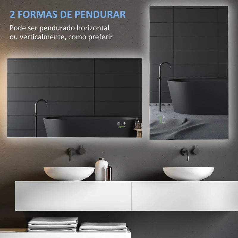 Espelho de Casa de Banho com Luz LED Espelho de Parede Anti-Embaciamento 90x60cm com Interruptor Tátil 3 Luzes Ajustáveis Função de Memória e Estrutura de Alumínio Suspensão Vertical ou Horizontal Prata