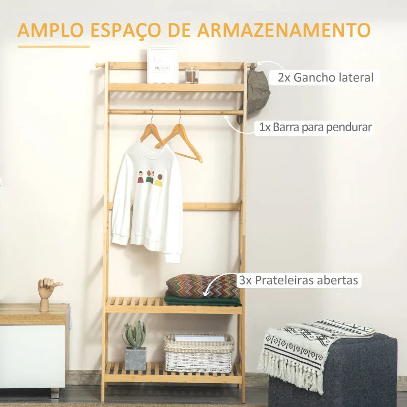 Suporte para Cabides de Bambu Cabideiro com Prateleira de 3 Níveis com Barra e Cabide Lateral para Roupas Bolsas 70x42x164cm Madeira