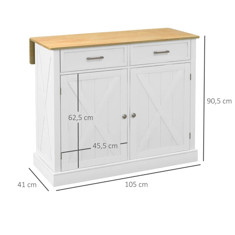 Ilha de Cozinha Carrinho de Cozinha com Bancada de Madeira Dobrável 2 Portas 2 Gavetas Prateleira Ajustável e 4 Rodas 10x60x90,5 cm Branco e Madeira