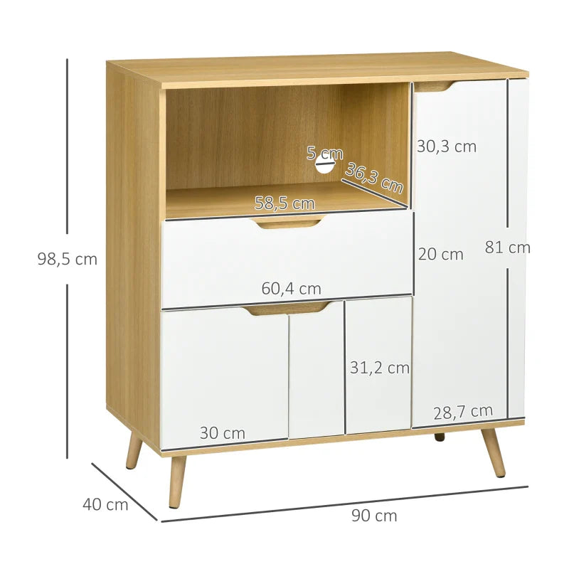 Aparador Auxiliar para Micro-Ondas Armário de Cozinha Moderno com Gaveta 3 Portas e Compartimento Aparador Buffet para Sala de Jantar 90x40x98,5 cm Branco
