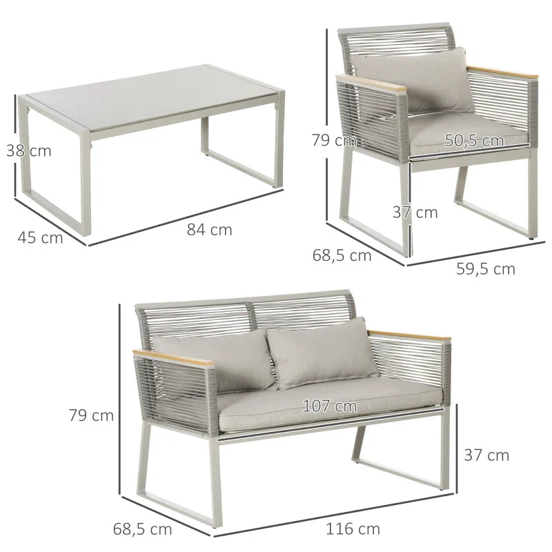 Conjunto de Móveis de Jardim Vime 4 Peças Sofá Duplo 2 Poltronas Individuais e Mesa de Centro com Vidro com Almofadas para Exterior Terraço Cinza