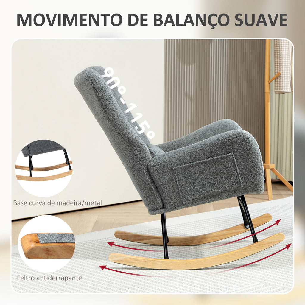 Poltrona Baloiço em Borrego Sintético Poltrona para Amamentação com Encosto Acolchoado Almofada e Base de Madeira de Borracha Suporta 120 kg 67x82x100 cm Cinza