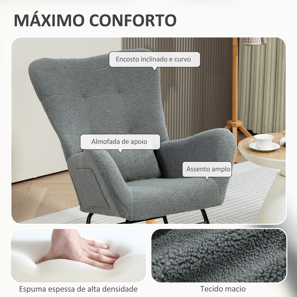 Poltrona Baloiço em Borrego Sintético Poltrona para Amamentação com Encosto Acolchoado Almofada e Base de Madeira de Borracha Suporta 120 kg 67x82x100 cm Cinza