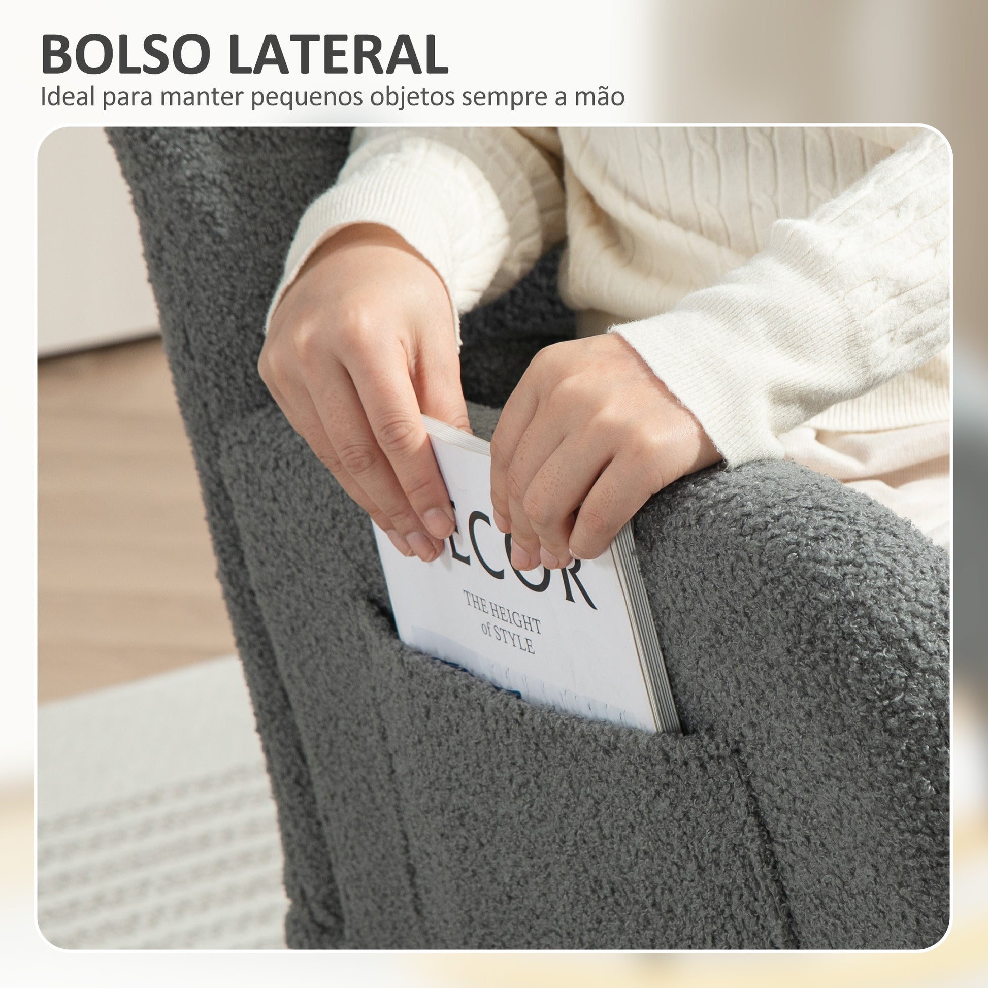 Poltrona Baloiço em Borrego Sintético Poltrona para Amamentação com Encosto Acolchoado Almofada e Base de Madeira de Borracha Suporta 120 kg 67x82x100 cm Cinza