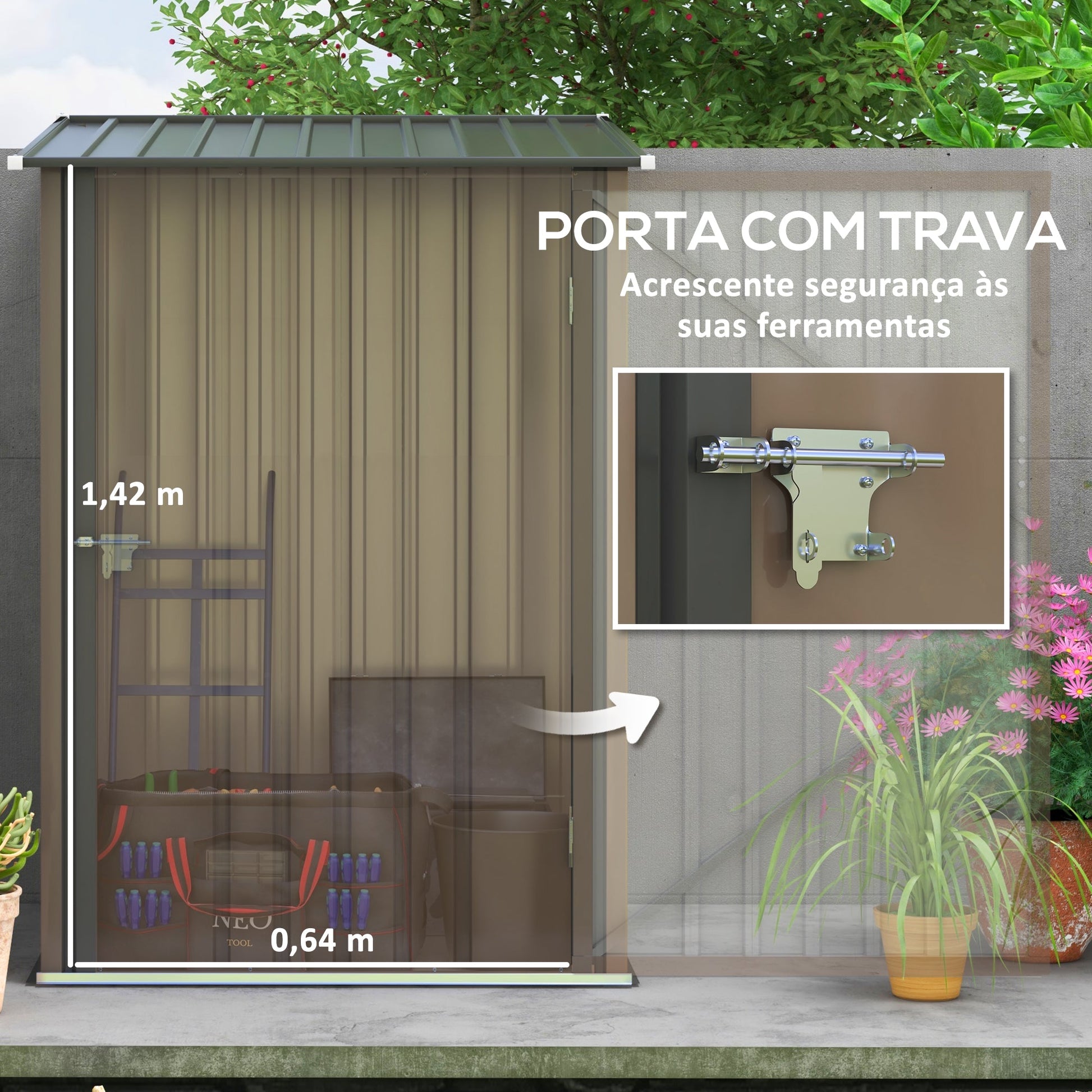 Abrigo de Jardim 0,92 m² 100x103x160 cm Abrigo Exterior de Aço Galvanizado com Porta Fechadura e Teto Inclinado para Armazenamento de Ferramentas Marrom