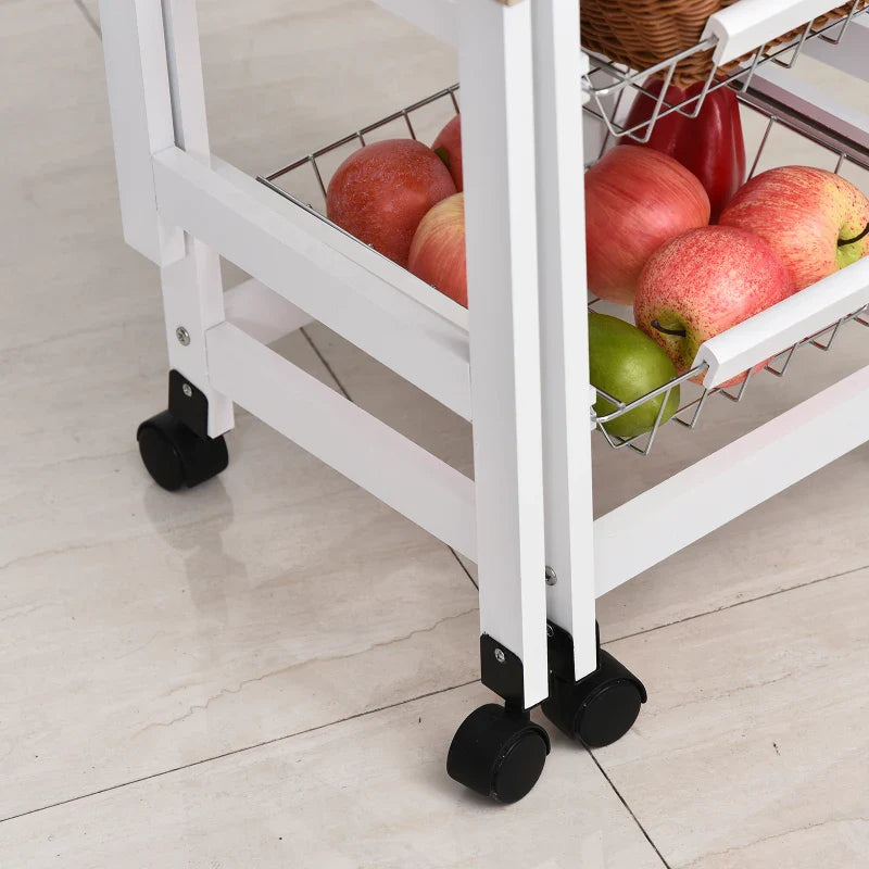 Carrinho de Cozinha Dobrável Carrinho Auxiliar com Rodas 1 Gaveta e 3 Cestos de Metal Carrinho de Serviço Multifuncional para Armazenamento Carga 50 kg 97,2x37x77,5 cm Branco e Madeira