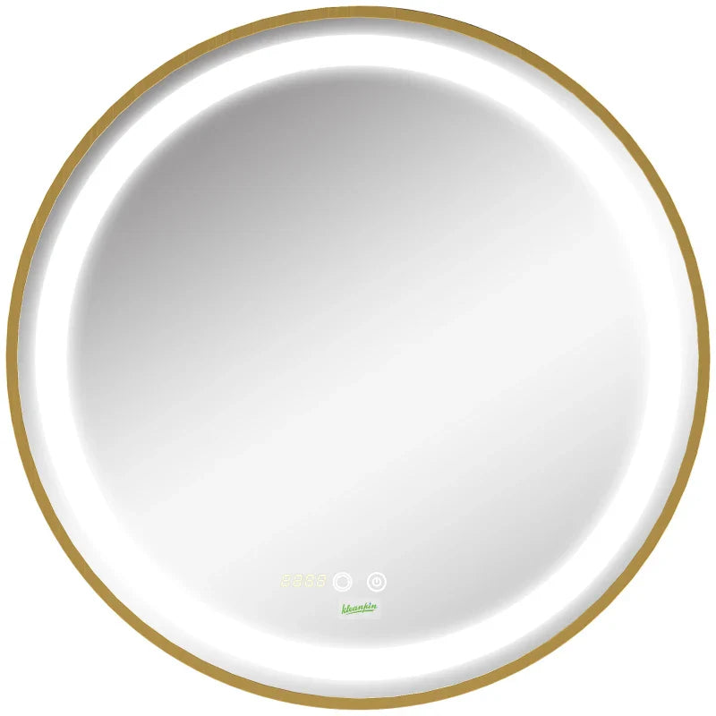 Espelho Casa de Banho com Luz LED Ø60x4cm Espelho Redondo com Interruptor Tátil 3 Luzes Ajustáveis Visualização de Temperatura e Hora Função de Memória Estrutura de Alumínio Dourado