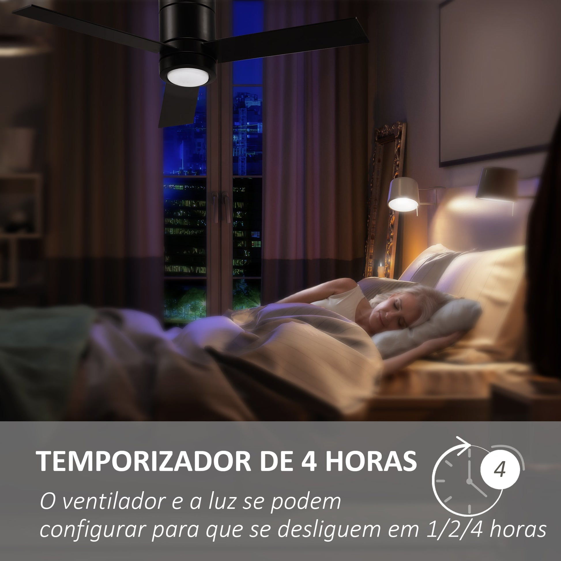 Ventoinha de Teto 48W com Luz LED Controle Remoto 3 Velocidades Temporizador 3 Lâminas de Madeira para Dormitório Sala de Estar Sala de Jantar Ø112x25cm Preto