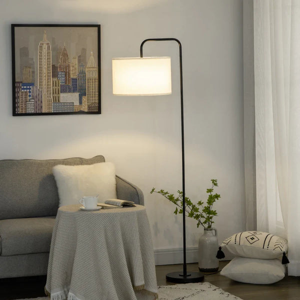 Candeeiro de Pé Moderno Lâmpada E27 Máx. 40W com Ecrã de Linho Estrutura de Aço e Interruptor de Pé Candeeiro de Leitura para Sala de Estar Dormitório 64x38x163,5cm Branco e Preto