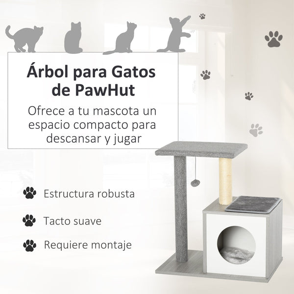PawHut Arranhador para Gatos 59x39x62 cm Arranhador para Gatos de 3 Níveis com Plataformas Poste de Arranhar Caverna Espaçosa Almofadas Amovíveis e Bolsa de Brinquedo Cinza