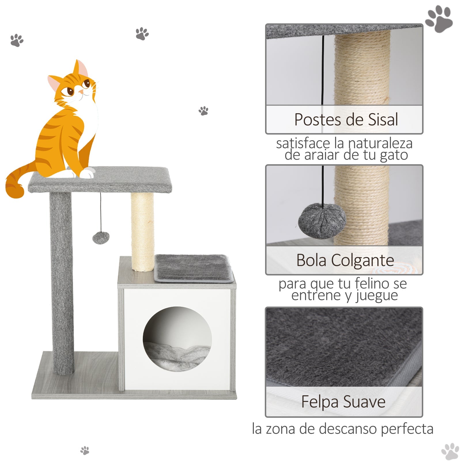PawHut Arranhador para Gatos 59x39x62 cm Arranhador para Gatos de 3 Níveis com Plataformas Poste de Arranhar Caverna Espaçosa Almofadas Amovíveis e Bolsa de Brinquedo Cinza
