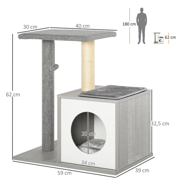 PawHut Arranhador para Gatos 59x39x62 cm Arranhador para Gatos de 3 Níveis com Plataformas Poste de Arranhar Caverna Espaçosa Almofadas Amovíveis e Bolsa de Brinquedo Cinza