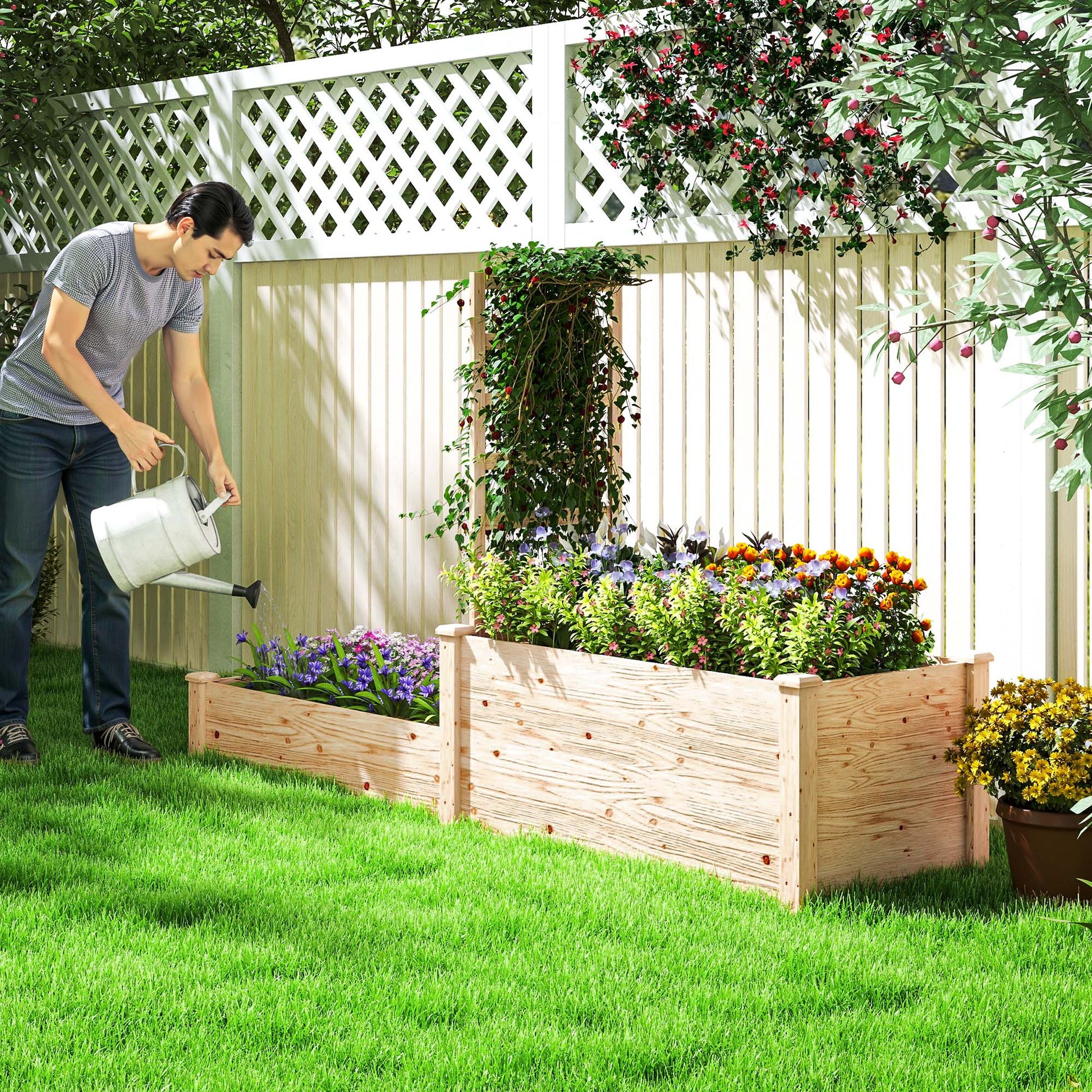 Floreira Exterior Grande de Madeira Floreira Elevada com Treliça para Plantas Trepadoras e 2 Caixas de Cultivo para Jardim Pátio Terraço 222x63x132 cm Madeira