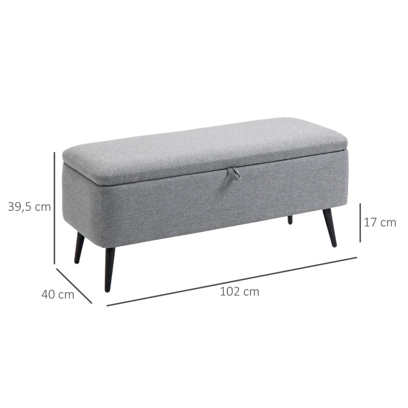 Banco de Armazenamento Estofado em Linho com Tampa Abatível e Pés de Aço para Dormitório Sala de Estar Entrada Carga Máxima 150kg 101x38,5x44,5 cm Cinza