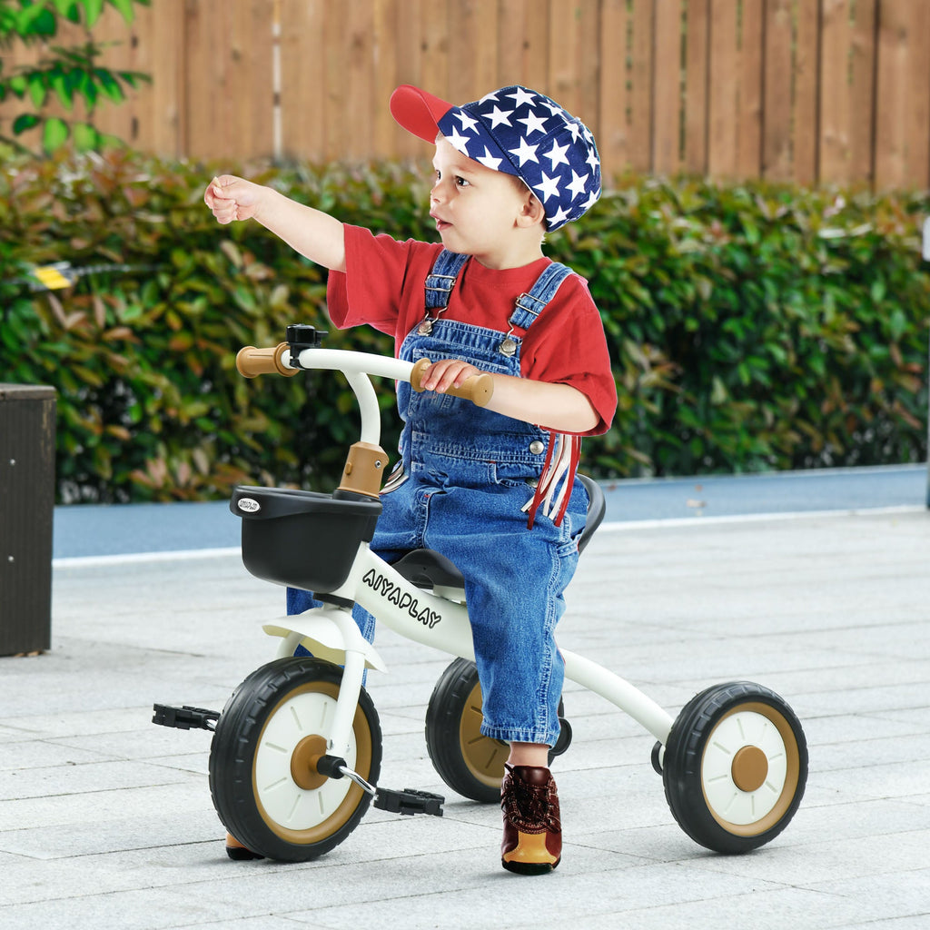 AIYAPLAY Triciclo para Crianças de 2 a 5 anos Triciclo Infantil com Assento Ajustável Cesta Buzina e Pedais e 3 Rodas Carga Máxima 25 kg 70,5x53x58 cm Bege e Marrom